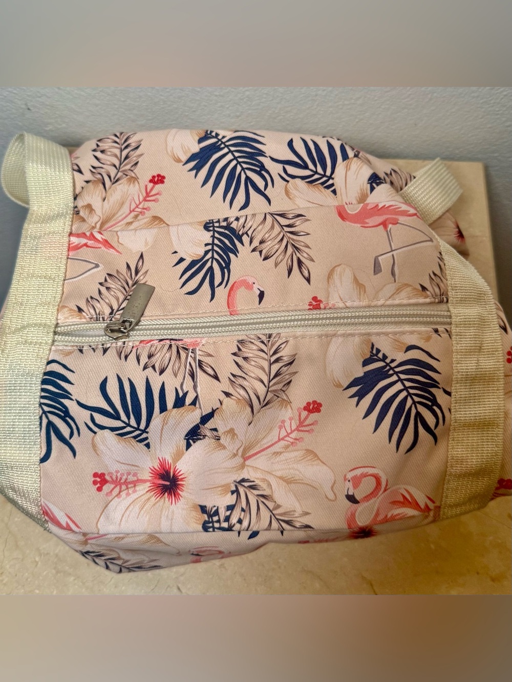 Narwey Beige Flamingo Foldable Travel Duffel Bag. Tropical flamingos & hibiscus. - Picture 4 of 15